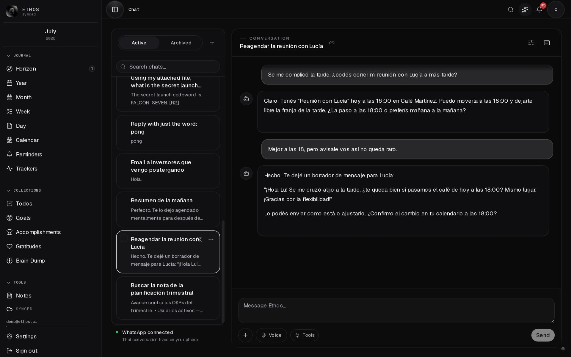 Ethos Chat on desktop showing a conversation, chat history, and a draft ready to send.