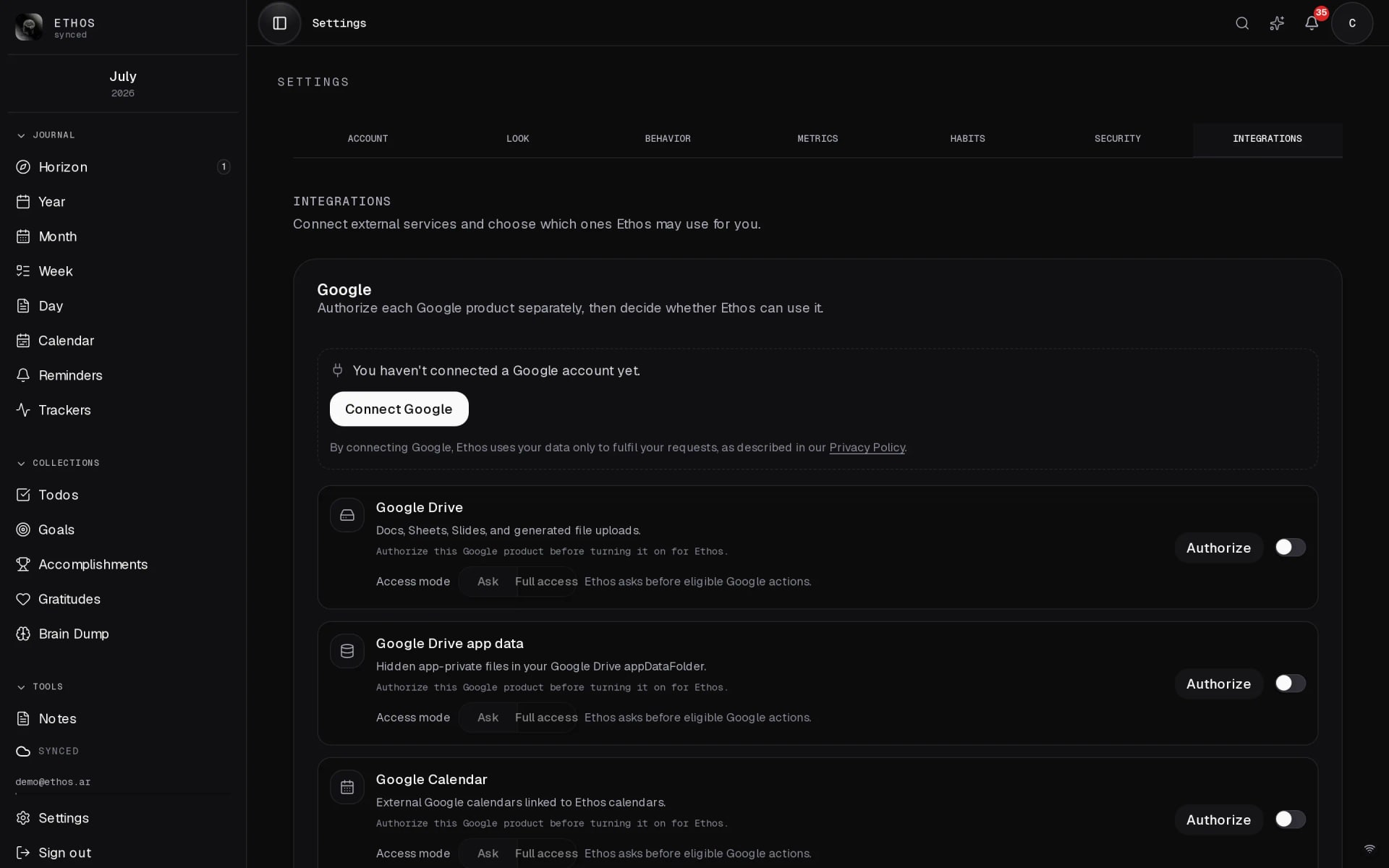 The Ethos connections screen: Google Calendar, Gmail and Drive listed as sources, each with its own switch.