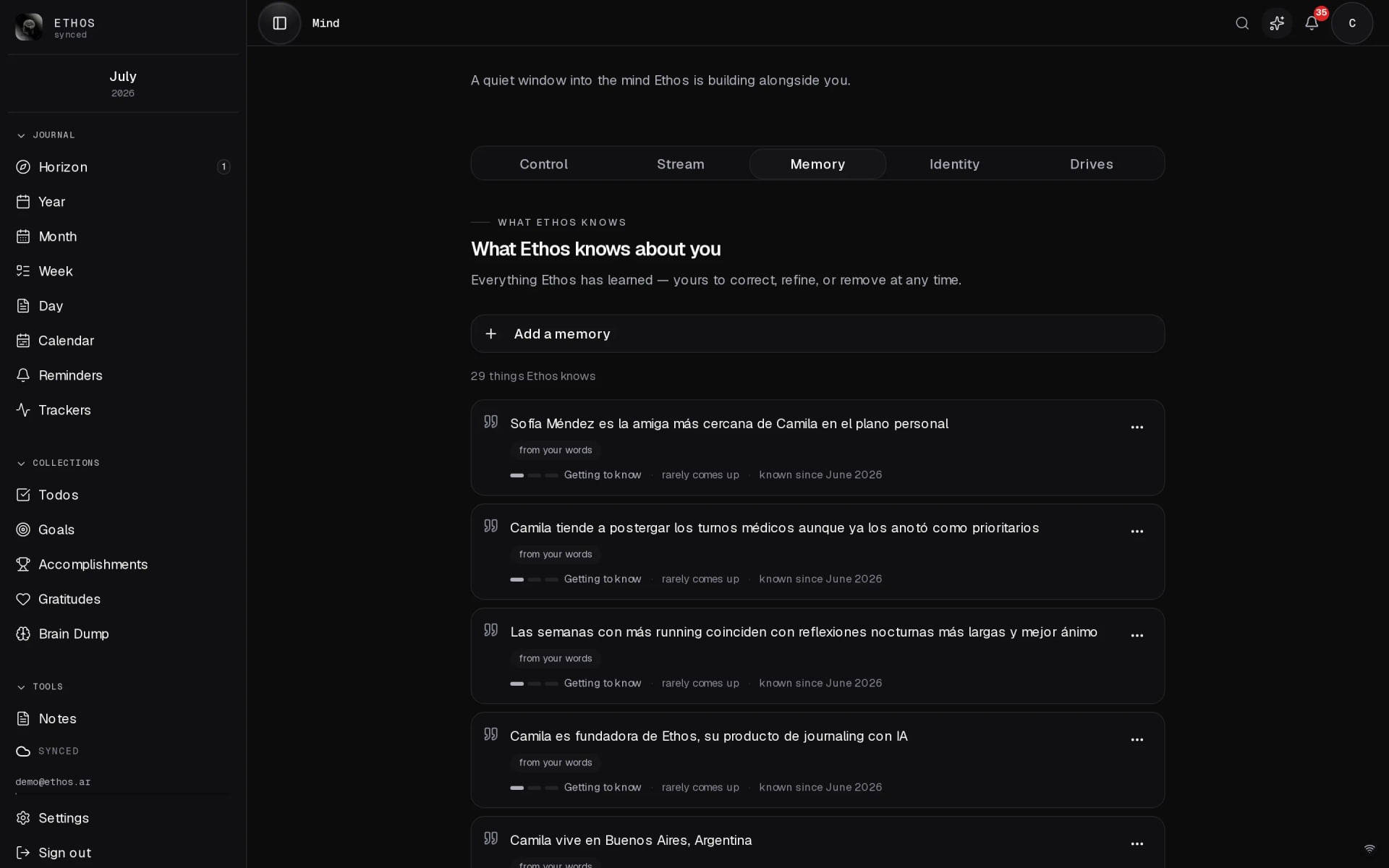 Ethos Mind showing the Memory view with a list of facts it has learned.