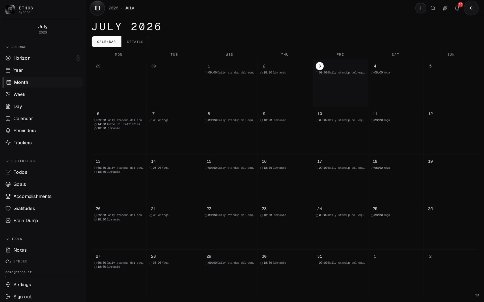 The Ethos month view: a calendar grid where each day shows its journal entries and events.