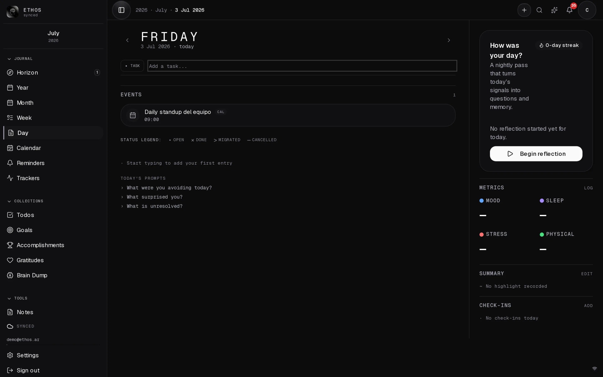 The Ethos web app open to Today – your day, your week, and what Ethos is holding.